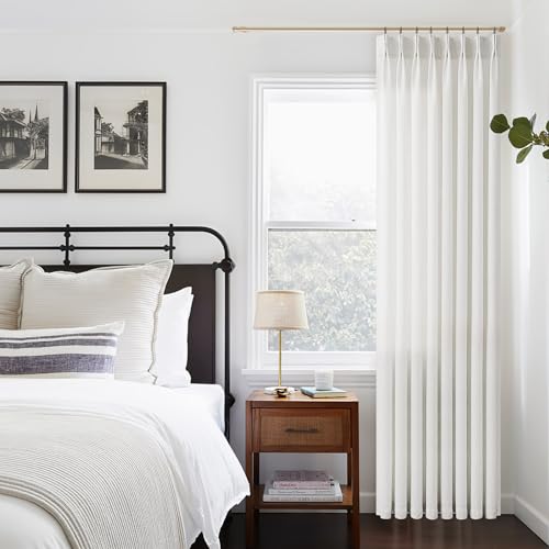 Image of Pinch Pleated Linen Beige White Curtains 96 Inches Long for Living Room | Light Filtering, Pinch Pleat, Hooks Rings, Back Tab, Neutral, Boho, Farmhouse, Drapes for Bedroom, Large , 1 Panel, Birch