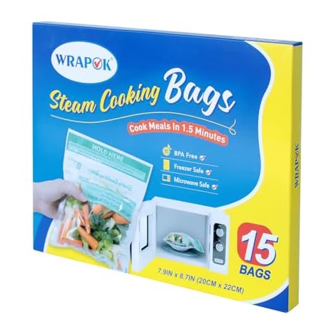 WRAPOK Microwave Steamer Bags 15 Pack Zip Steam Vegetable Cooking Bag for Potatoes Meat, 7.9 X 8.7 Inches Cover