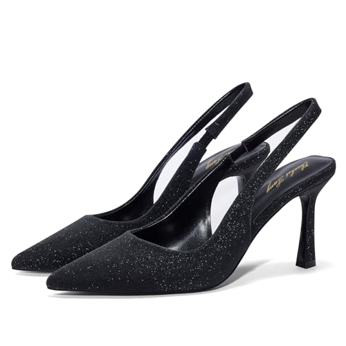 Elisabet Tang Women's Slingback Stiletto Pumps 4 Inch Sexy Pointed Closed Toe High Heels Shoes for Women Fashion Dress Wedding Party Prom Black Glitter 9