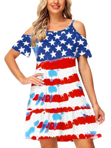Image of Deerose Womens 4th of July Dresses Cold Shoulder American Flag Tie Dye A-Line Dress with Pockets