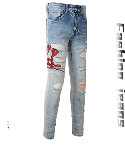 Jeans Pants Trousers Denim Men Trendy Street Personalized Embroidered Printed Punch Patch Blue Grinding Fading Elastic Slimming Tight Fit Casual(Blue,31)3