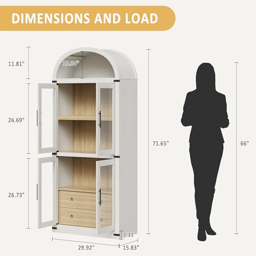 GarveeHome Arched Bookshelf with Doors and Drawers Farmhouse Bookcase 15.83in Depth Display Storage Shelves 71.4in Tall Wooden Display Cabinet Rounded Bookcases (White)