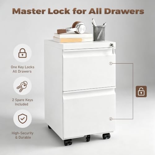 Image of Guizeeopo Fully Assembled 2 Drawer File Cabinet, Locking Filing Cabinet with Anti-Tipping Wheels, Quiet Slide, Heavy-Duty Steel Construction, Fits A4 Letter Legal for Home Office, Matte White