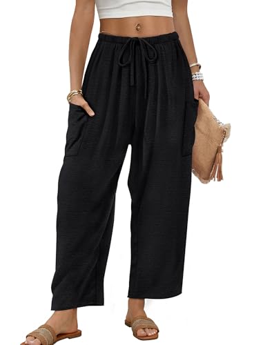 Sampeel Wide Leg Pants for Women Barrel Flowy Palazzo Elastic Waist Trousers with Pockets Summer Beach Vacation Outfits