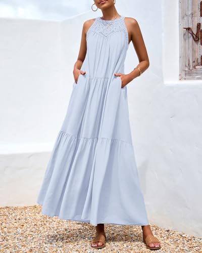 Image of BTFBM Halter Summer Dresses for Women 2026 Casual Spring Hollow Out Sleeveless Boho Sundresses Beach Vacation Maxi Dress