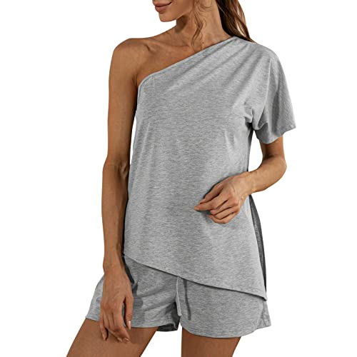 Ensemble de tapis de course pour femme deux pièces en coton uni avec col oblique T-shirt Home Outdoor Wear 2 pièces Ensemble lingerie Saint-Valentin, gris, XXL