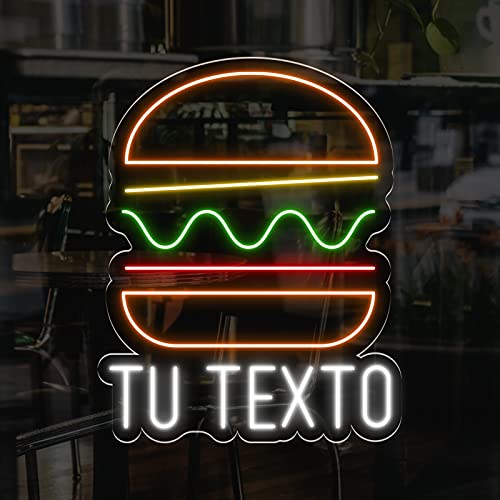 Luces Neón Pared Carteles Restaurante Comidas -75cm - Personalizable - Multi Modelos para Elegir con Mando a la Distancia- Interior- (Neón Hamburguesa Simple Personalizable) Cover