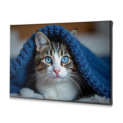 Chat aux yeux bleus toile décorative salon petit tableau mural WTD