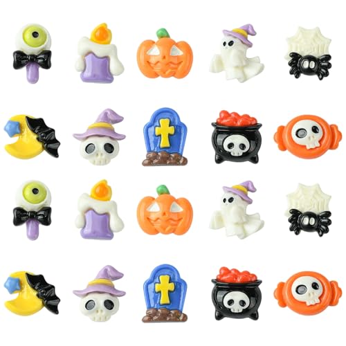 Stiesy 60 Pcs 10 Styles Halloween Theme Slime Charm No Hole Beads Resin Pumpkin Ghost Candy with Skull Spider Bat Nail Art Charm Flatback Cabochons Bulk for DIY Jewellery Craft Making