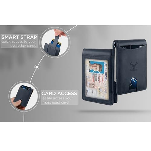 Image of Contacts Genuine Leather Money Clip Wallet Slim Front Pocket RFID Blocking Card Holder Minimalist Mini Bifold for Men's with Smart Pull Strap 8 Card Slots Photo ID (Blue)