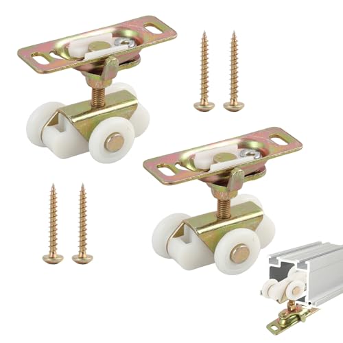 KAKUPPA 2Pcs Gold 3/4 Sliding Pocket Door Rollers Assembly Sliding Door Wheels Replacement Kit Compatible with Johnson Door Assembly Top Hanger Rollers for Closet Bypass Doors RV Sliding Doors