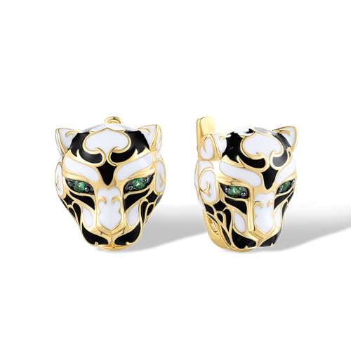 Santuzza 925 Sterling Silver Enamel White Panther Earrings Green Spinel