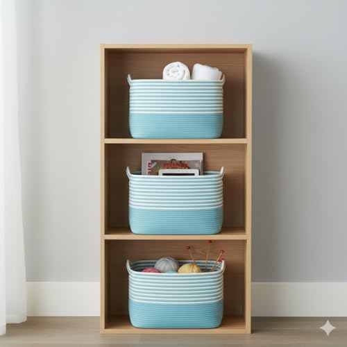Image of Large Storage Basket, Woven Blanket Basket, Toy Basket with Handle, Laundry Hamper for Living Room, Nursery, Bedroom- 20x15x12 (LXWXH) (sky blue mix)