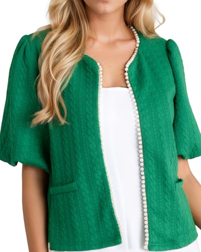 Image of Kedera Puff Short Sleeve Tweed Jacket Women Cropped Jackets Summer Open Front Elegant Trimmed Cardigans with Pearls