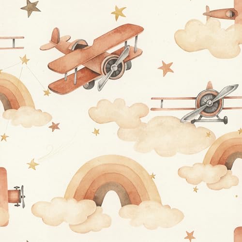 Rasch Kids World 301557 - Papel pintado para niños, diseño de aviones y arcoíris, color beige