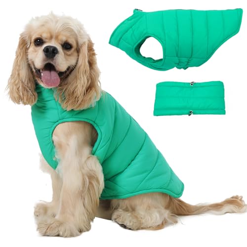 Dog Coat for Large Dogs, Dogs Snow Jacket with Back Zipper, Winter Warm Dog Puffer Vest with Detachable Neck Wrap, Winter Pet Clothes Elastic Band on Chest for Springer, Dalmatian, Green L L