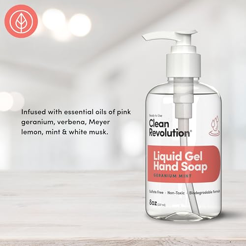 Image of Clean Revolution Liquid Gel Hand Soap Refill with Real Essential Oils - Sulfate-Free Gel Hand Wash, Moisturizing Bulk Refill, Non-Toxic Formula, Made in the USA (Geranium Mint) 8 Fl Oz
