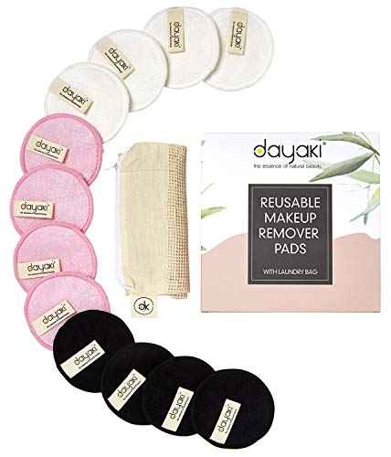 Reusable Makeup Remover Pads - Eco Friendly Zero Waste Organic Bamboo Rounds for Eye, Face with Mesh Laundry Bag, Wipes Face Clean from Make up, 12 Pack Two-Sided, Washable, Dayaki for All Skin Types