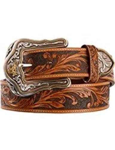 Tony Lama Western Ride Tooled Leather Bronc Buckle Mens Belt 1 1/2in