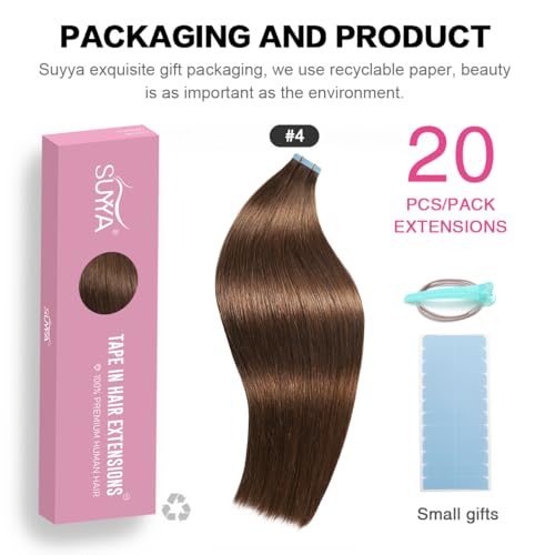 Image of SUYYA Tape In Hair Extensions Human Hair 16 Inch #4 Dark Brown | Remy Human Hair, Invisible Skin Weft, Soft & Silky Straight Hair, 20PCS 40G, Seamless Blend, Add Length & Volume