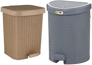 سلة مهملات بدواسة من الهلال اند جولدن ستار، متوسطة الحجم، رمادي وبيج كافيه، يُفتح من أعلى