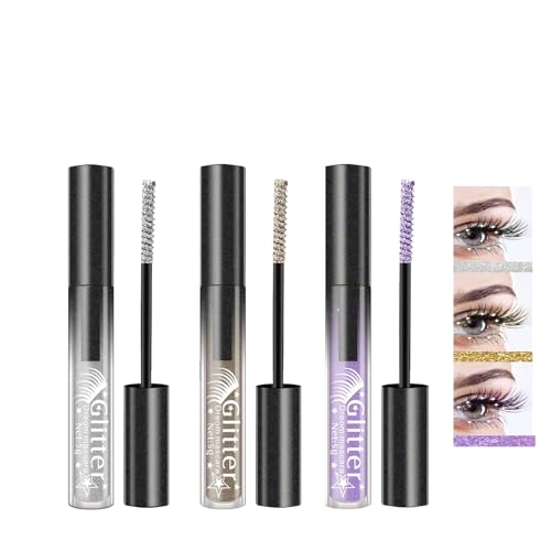 Glitter Mascara,3 Colours Glitzer Wimperntusche,Lila Gold Silber Schimmer Glitter Mascara,Diamond Wimperntusche zur Verlängerung &Volumen, Wasserfeste, Funkelnde Augen Make-up, für Party,Hochzeit