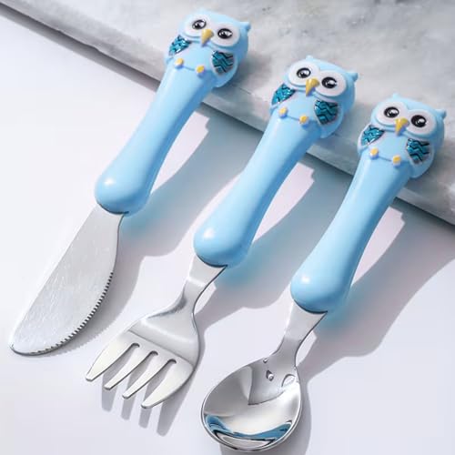 Image of Hian Kids Feeding Spoons Set with Carry Case - 304 Stainless Steel Spoon, Fork & Knife, Bird Design Handle, Easy to Carry for Lunch Box, Travel, Picnic - Blue Color, Pack of 3
