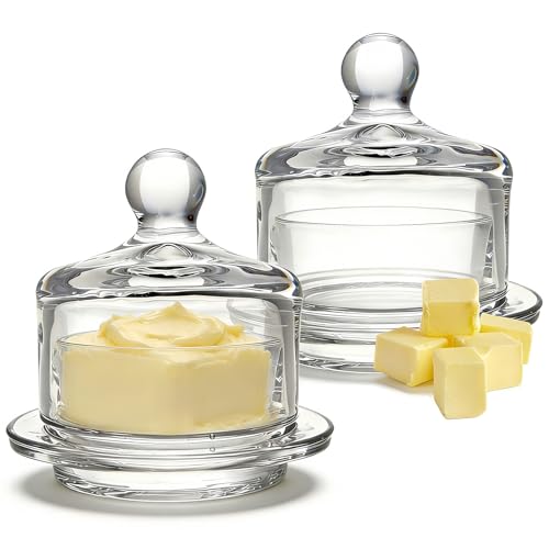 Mantequera de vidrio con tapa, paquete de 2 recipientes de mantequilla pequeños, recipiente transparente de almacenamiento para servir, platos redondos para mantequilla, mermelada, parfait, postre