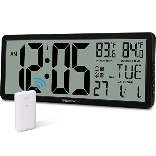 Geevon Atomic Clock,14.3"Large Digital Wall Clock Battery Operated With Dual Alarm Clock, Indoor Outdoor Temperature, 4.4"Jumbo Digits, Day And Date For Home Bedroom Office Elderly(1 Outdoor Sensor) #TOP10