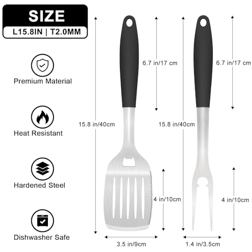 POTWIY - Herramientas para parrilla de acero inoxidable de 15.8 pulgadas, juego de espátula y tenedor para barbacoa, 2 piezas 17
