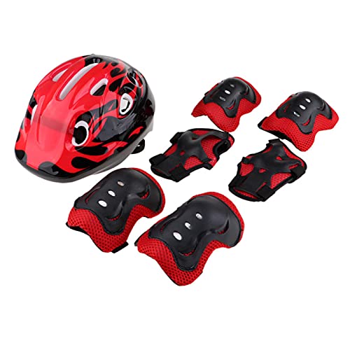 Aland 7Pcs Children Skateboard Bicycle Helmet Knee Elbow Wrist Protective Guard Pad Safety Protection Skateboard Kit for Girl Boys Safety Protection Skateboard Kit for Girl Boys - Red