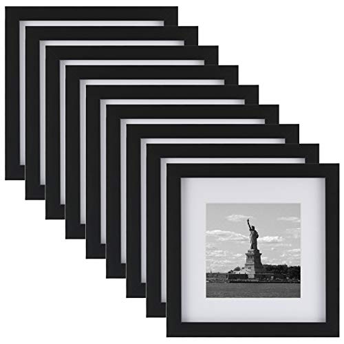 ONE WALL Tempered Glass 9 PCS 8x8 Picture Frame with Mats for 5x5, 4x4 Photo, Black Wood Frame for Wall and Tabletop - Mounting Hardware Included