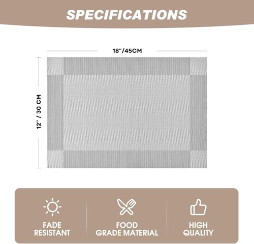 Image of Anugrah Dining Mats Table Mats PVC Placemats Heat-Resistant Placemat for Dining Tea Table Woven Vinyl Stain Resistant Table Mats Easy to Clean - 45x30 cm (Gray, 6)