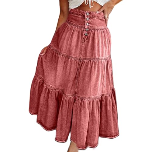 Women Denim Maxi Skirt Y2K Button High Waist Pleated Tiered Ruffled Hem Swing Jeans Maxi Skirt Beach Denim Long Skirts Streetwear (Red, XL)