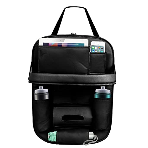 Image of Premium PU Leather Auto Car Back-Seat Organizer with Tray, Multi-pocket Storage, Tablet Holder, Bottle and Tissue Paper Holder, Mobile Holder and Tray for food