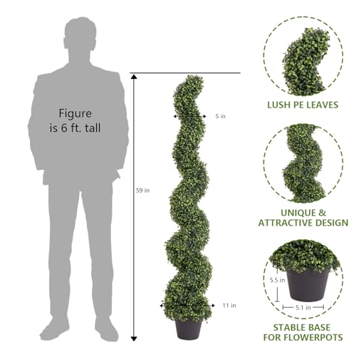 THE BLOOM TIMES 5ft Spiral Boxwood Topiary Trees Artificial Outdoor Set of 2, UV Resistant Faux Evergreen Trees - Fake Twisting Plants for Front Porch Outside Planter Decor 5 Foot