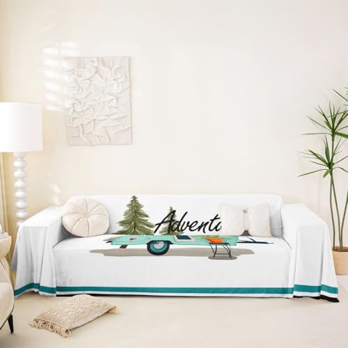 Camping RV Pet Couch Cover Green Pineforest Camper Car Dogs Washable Non-Slip Couch Protector Farm House Retro Camp Happy Glamping Trailer Rustic Pet Friendly Dog Mat for Couches and Sofas,91"x134"