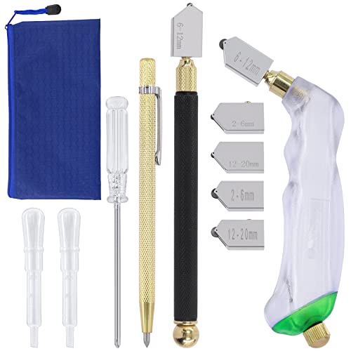 Swpeet 11Pcs 2mm-20mm Vidrio Cortador Pistola Agarre y Agarre Ergonómico Carburo de Tungsteno Herramientas de Corte de Vidrio con Gota de Aceite y Pluma Vidrio Cortador Kit de la Variedad, Herramienta