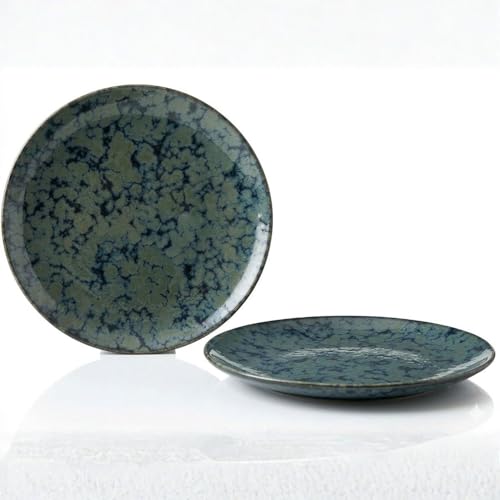 Image of Freakway Artisan Reactive Glaze Dinner Plates, Set of 2 - 10.7 inch Round Ceramic Tableware, Emerald Moss Blue, Microwave & Dishwasher Safe