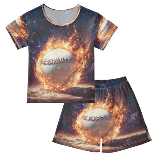 ALAZA Baseball Flame Sky Pajamas Set Short Sleeve Cotton Sleepwear Summer Pjs 2 Piece 5-14Y