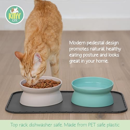 Image of Kitty City Elevated Cat Bowls (Set of 2), Whisker-Friendly Raised Cat Food & Water Dishes, Modern Pedestal Design, Dishwasher Safe, 10.8 oz Each - Teal & Light Pink