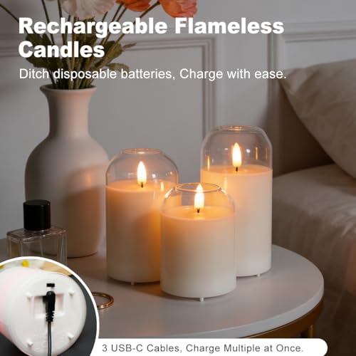 Image of LEDHOLYT Rechargeable Glass Jar Flameless Candles, Realistic Flickering LED Pillar Real Wax Candle with Remote Control and Timer, Ideal for Living Room, Bedroom & Festival Home Decor, 1 Set of 3