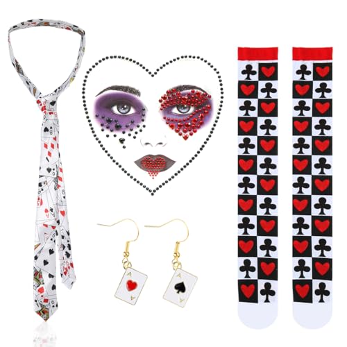 VerLuky Herzkönigin Kostüm Set Damen mit Pokerkarten Krawatte,Ohrringe,Halterlose Strümpfe und Gesicht Strass,Casino Kostüm Damen,Spielkarten Accessoire für Karneval Halloween Party