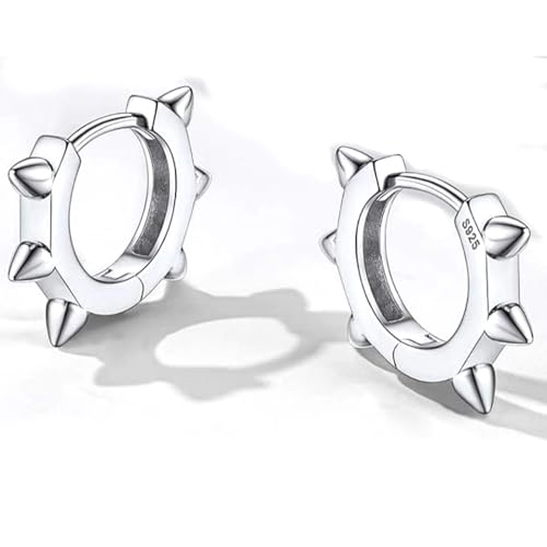 Spike Punk White Gold Rhodium Solid 925 Sterling Silver Small Spiked Thorn Hoop Earrings for Men Women Huggie Hoops Earrings, Nickel-Free, Hypoallergenic Jewelry,3