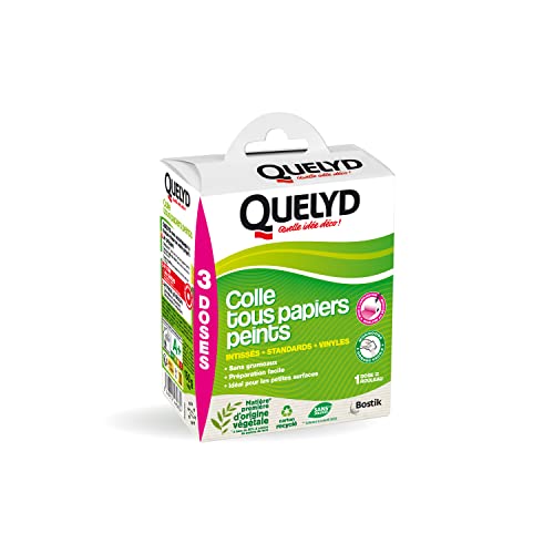 Quelyd Colle Tous Papiers Peints Pré-Dosée Avec Indicateur Coloré – Papiers Peints Intissés, Standards, Vinyles et Spéciaux – Sans Grumeaux – Sans Solvant – 3 Monodoses (3 rouleaux) - 150 g