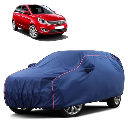 Image of Sulfar 100% Water Resistant Car Body Cover Compatible with Mirror for Tata Bolt (Triple Stitched, Full Bottom Elastic, Blue Taffeta with Red Piping)