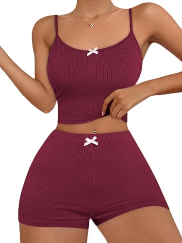 Image of Hilinker Womens Graphic 2 Piece Pajama Set Summer Cute Crop Cami and Shorts Ribbed Lounge Sets