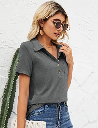 Tfsdod Women's Cotton Short Sleeve Polo T-Shirt Casual V Neck Button Down Collard Shirts Basic Tunic Blouses With Pocket Dark Grey S #TOP3