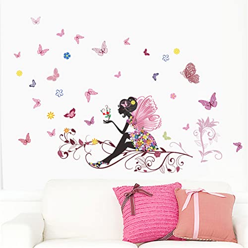 Flower Fairy Wall Murals Girl Wall Decals,Peel And Stick Removable Wall Decals,Flowers And Butterflies Wall Decorations,Little Princess Wall Art Decor For Girls Kids Nursery Baby Bedroom Living Room Dance Room Wallpaper(Butterfly Flower Fairy) #TOP27