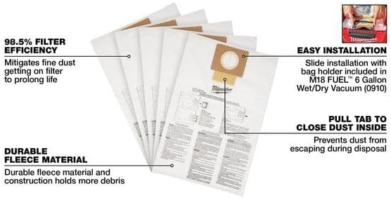 for Milwaukee Tool 49-90-1979 Fleece Dust Bags For M18 Fuel 6 Gallon Wet/Dry Shop